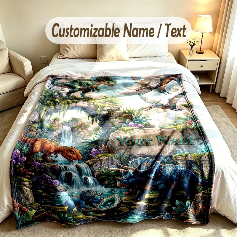Dinosaur Theme Custom Blanket Personalized Name & Text Customized Soft Warm Throw Blanket Home Decor