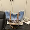 Summer Large Capacity Women Canvas Shoulder Bags Casual Tassel Design Ladies Beach Tote Bag Ctrast Color Letter Female Handbag