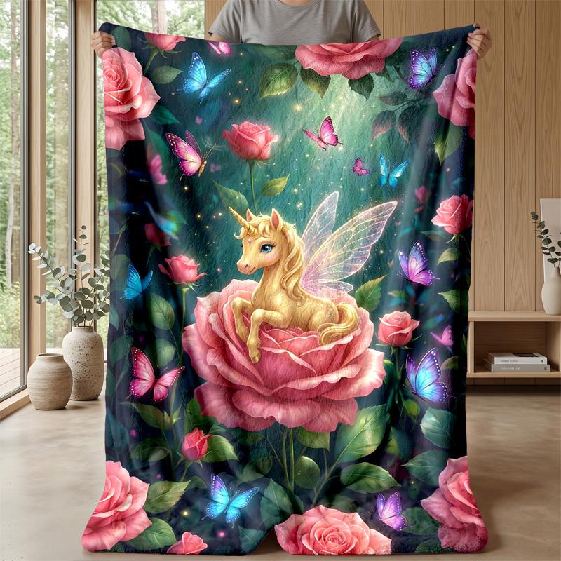 Fairy Unicorn Among Flowers Theme Blanket Lightweight Warm Flannel Blanket Decorative Throw Blanket for Home Decoration