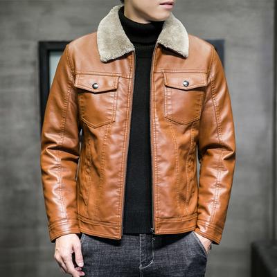 Jacke für Herren Pelzintegriert PU Mehrfach-Taschen Lederjacke Motorrad Revers Herren Plus Samt Verdickte Lederjacke Koreanischer Stil Slim Fit