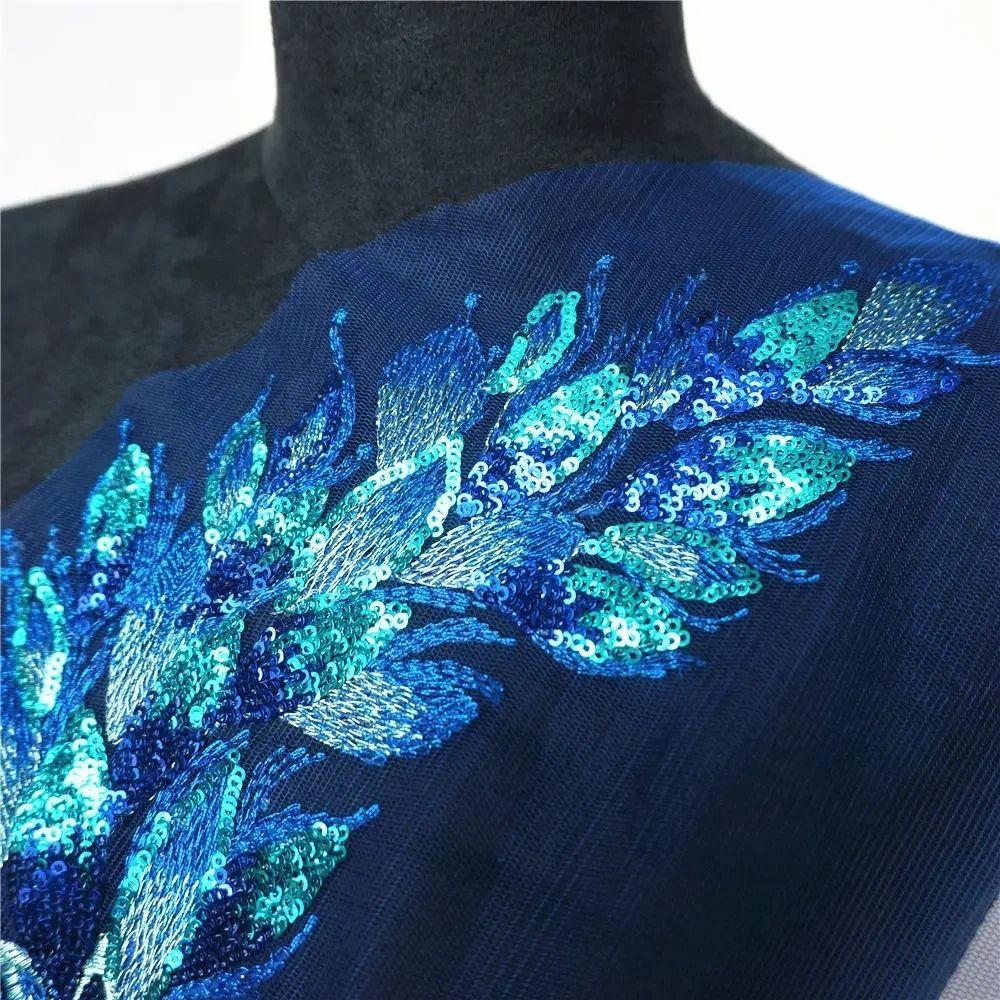 Blue Black Gold Sequined Embroidery Patches DIY Lace Fabrics Applique Wedding Gown Decoration DIY