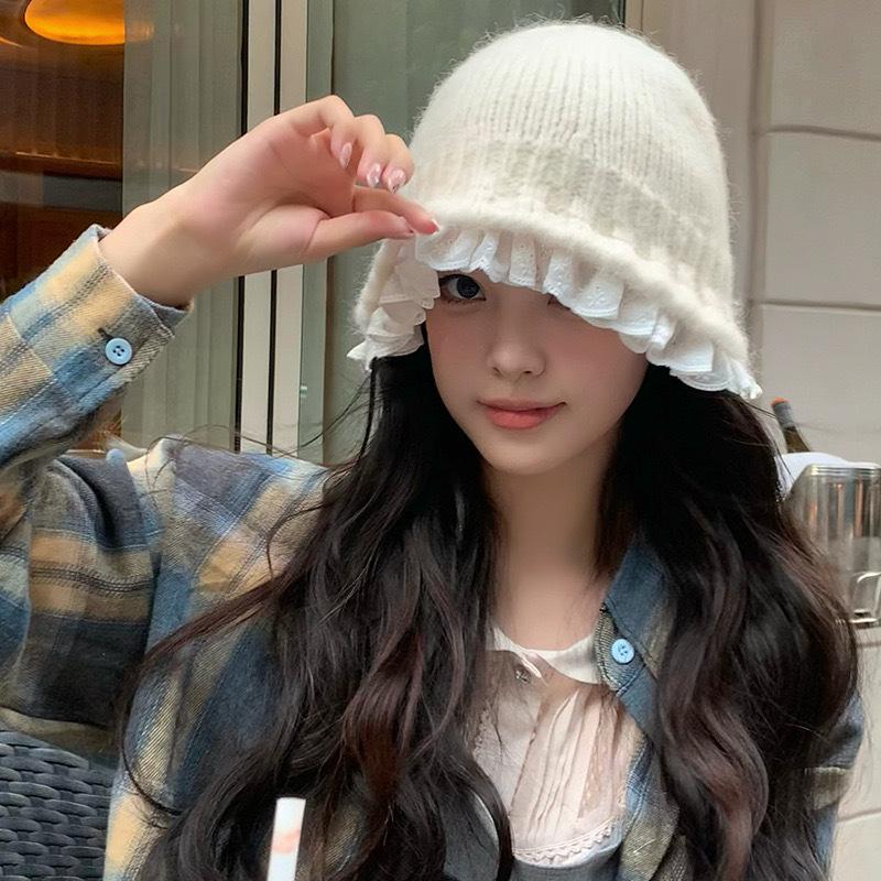 Autumn and Winter Lace Knitted Fisherman's Hat Children Sweet and Warm Versatile Face Small Wool Pot Hat Tide