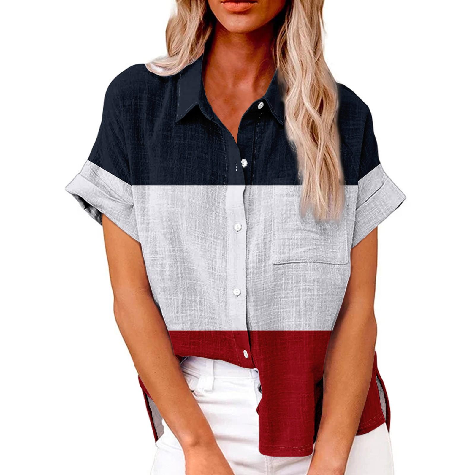 Женская модная свободная повседневная рубашка с короткими рукавами и отворотами — фото 13