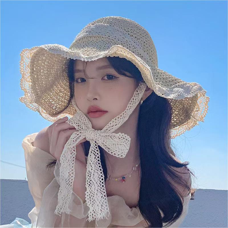 Korean-Style Women's Wide Brim Sun Hat with Bow and Face Mask - Versatile Outdoor UV Protection Hat for Adults