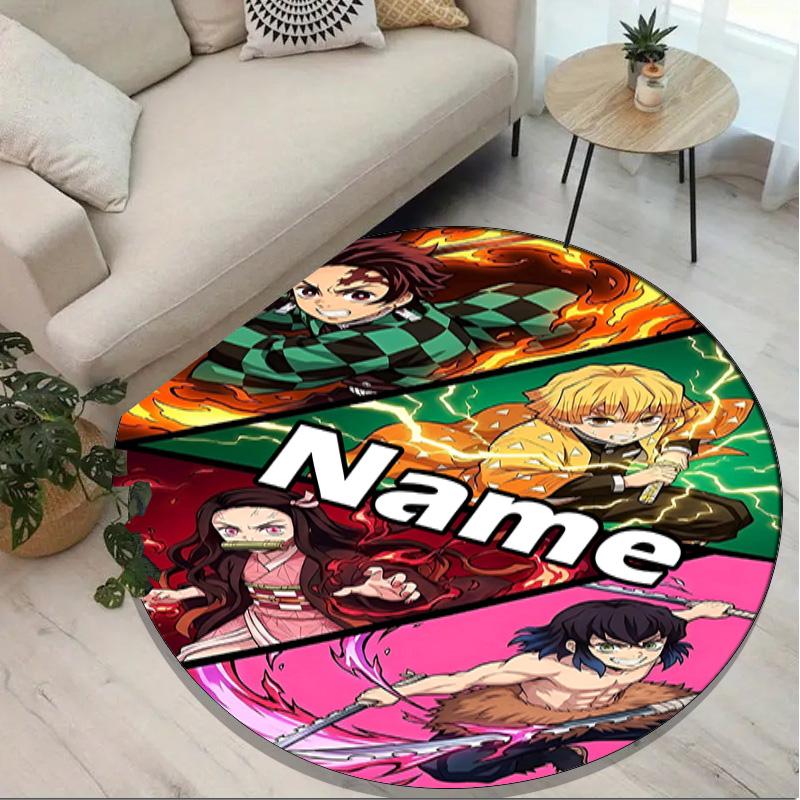 Custom Name Personalized Demon Slayer Print Round Rug, Versatile Home Decor Carpet, for Playroom, Apartment, Balcony, Entryway, Hallway Gift