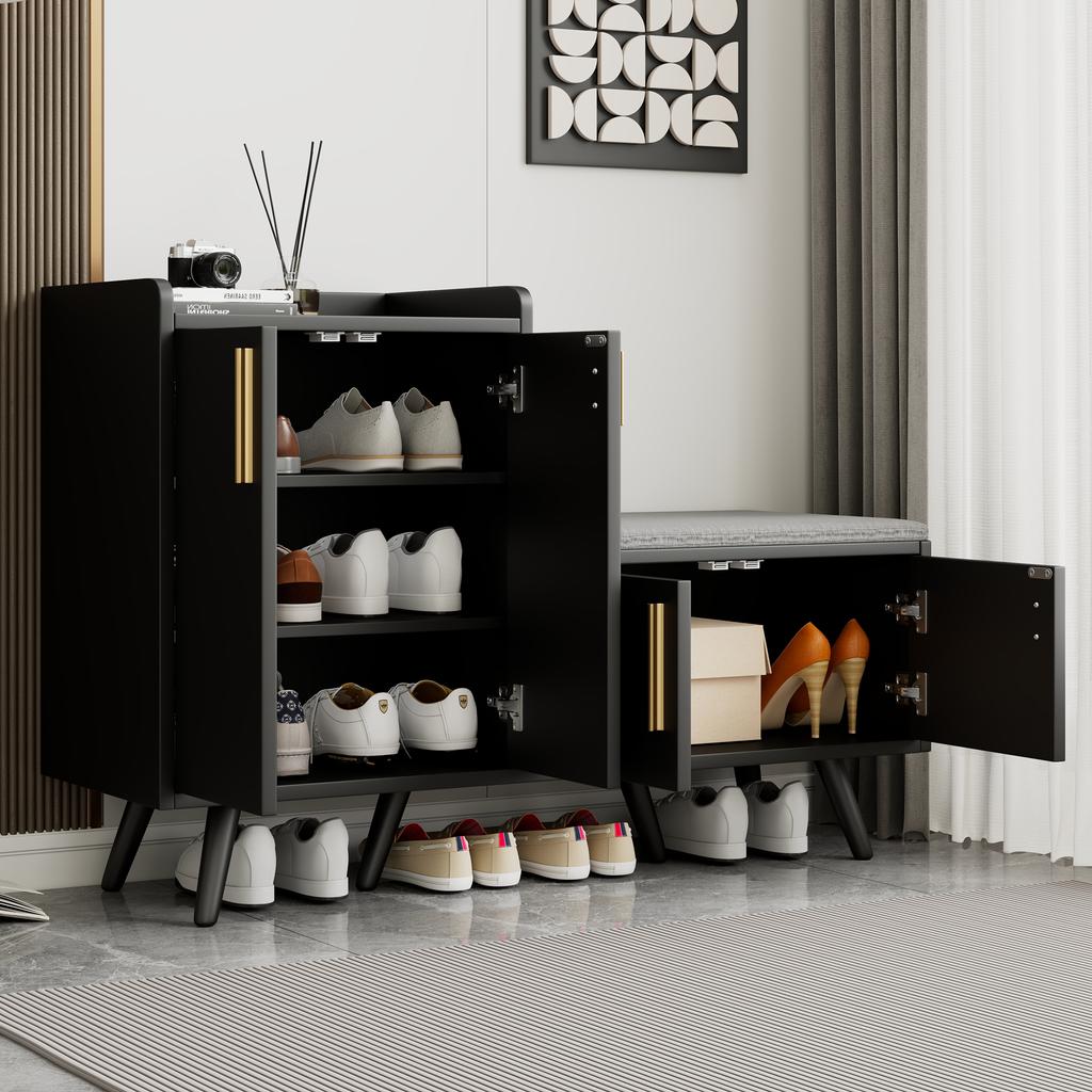 Modern Shoe Bench with Black Walnut Wood, Shoe Cabinet, Equipped with Four Storage Doors, Asymmetric Metal Handles, W120/D34/H82