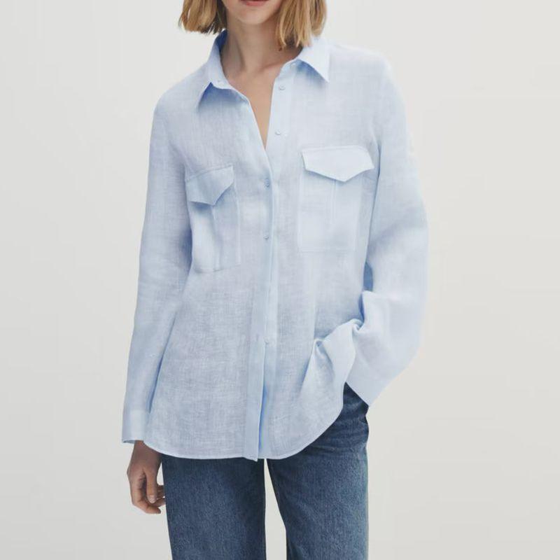 

MD Women s Clothing New French Simplicity Elegant Tops Pocket Decoration Plaid Linen Roll-up Sleeve Long Sleeves Shirt for Women Sky Blue L