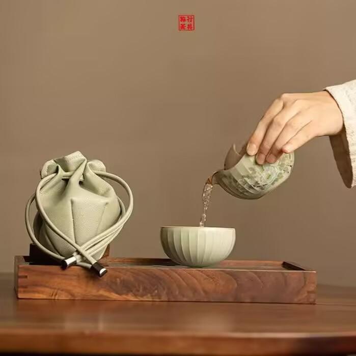 Secret Yellow Spherical Round Fusion Kuaike Ru Kiln A Pot And A Cup Of Travel Tea Set Flower And Bird Picture Outdoor Portable Tea Set Small Set