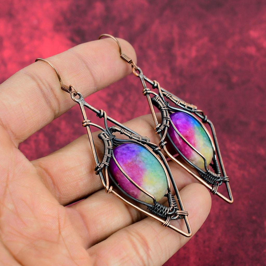 Rainbow Solar Quartz Druzy Earring Copper Wire Wrapped Gemstone Earring Antique Jewelry Handmade Earrings Copper Wire Jewelry Gifts For Her