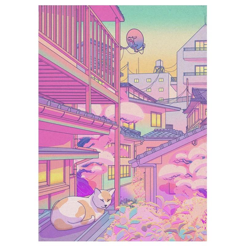 80s Vaporwave Style Wall Art Poster City Night Street Cat Canvas Painting Print Home Decoration Kawaii Room Decor Canvas Picture