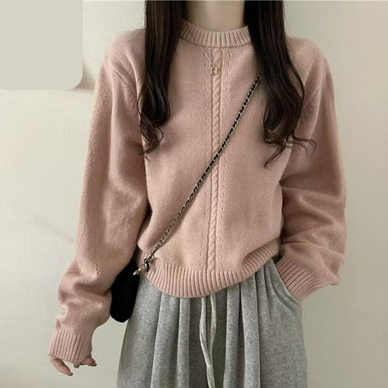 Women's Twisted Wool Knit Outerwear - Round Neck, Loose Fit, Lazy Style, Autumn/Winter.
