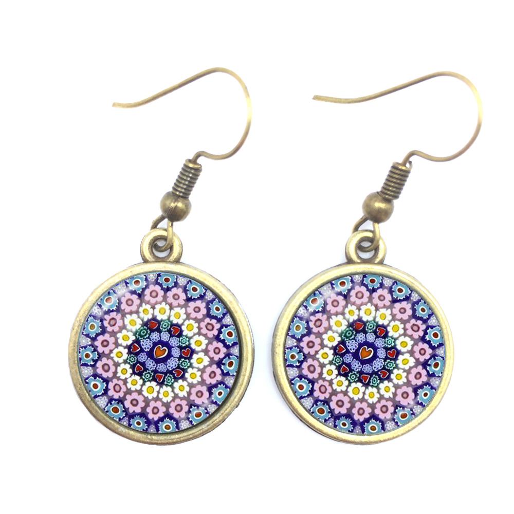 Murano Millefiori Drop Earrings MultiColour Flower 16mm Glass Cabochon Earring Jewelry For Women Girls Gift