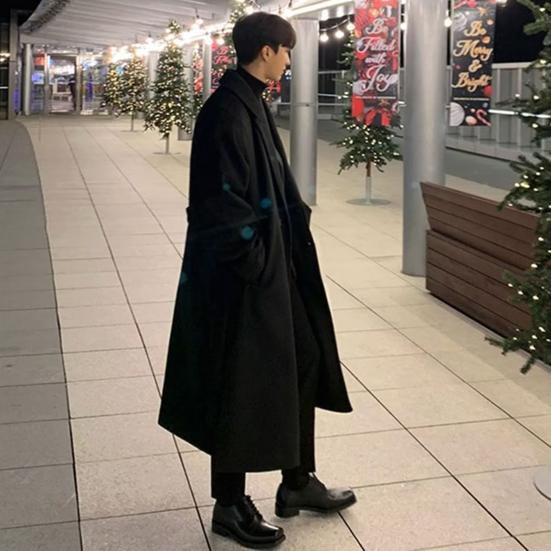 Langer Wollmantel für Herren mit Revers, langen Ärmeln, einfarbig, Windjacke mit Taschen, Knopfleiste mit zwei Knöpfen, einfarbig, mittellange Oberbekleidung