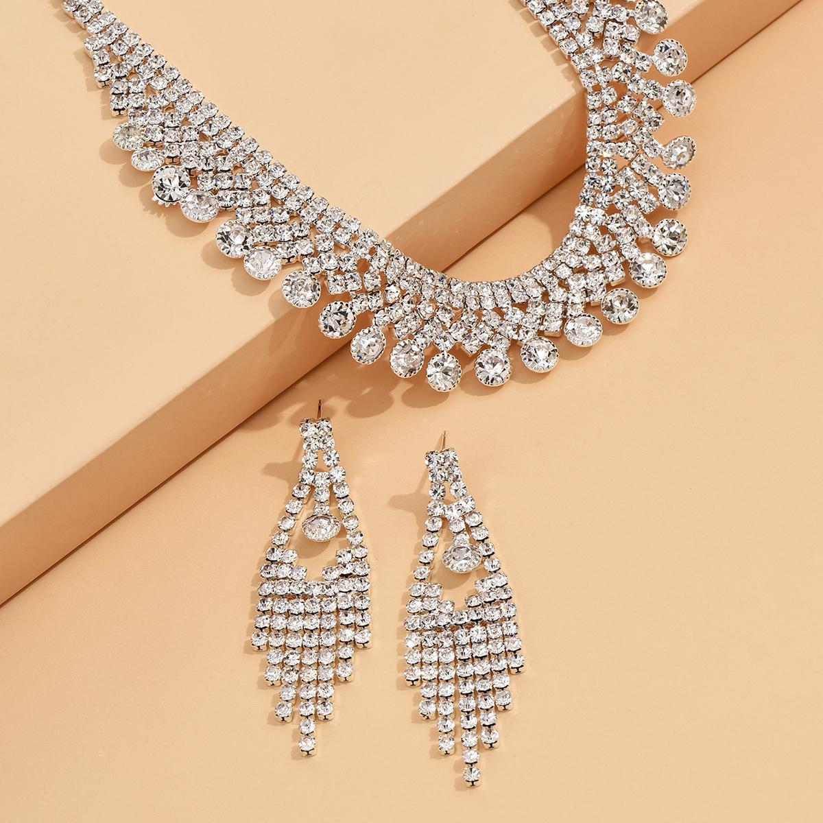 

Комплект из 3 модных ювелирных изделий с кисточками и бриллиантами в виде воды, серьги, ожерелье, модные аксессуары для вечеринок Silver&45cm