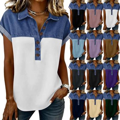 Denim Patchwork Shirts For Women Stand Collar Casual Blouse Short Sleeve Comfy Tshirt Spring Summer Fashion