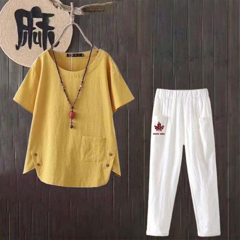 2pcs Cotton Linen Pants Suits Summer Women's Round Neck Cotton Linen Blouse Elastic Waist Cotton Linen Harem Pants Two-Piece Set Casual  Outfits