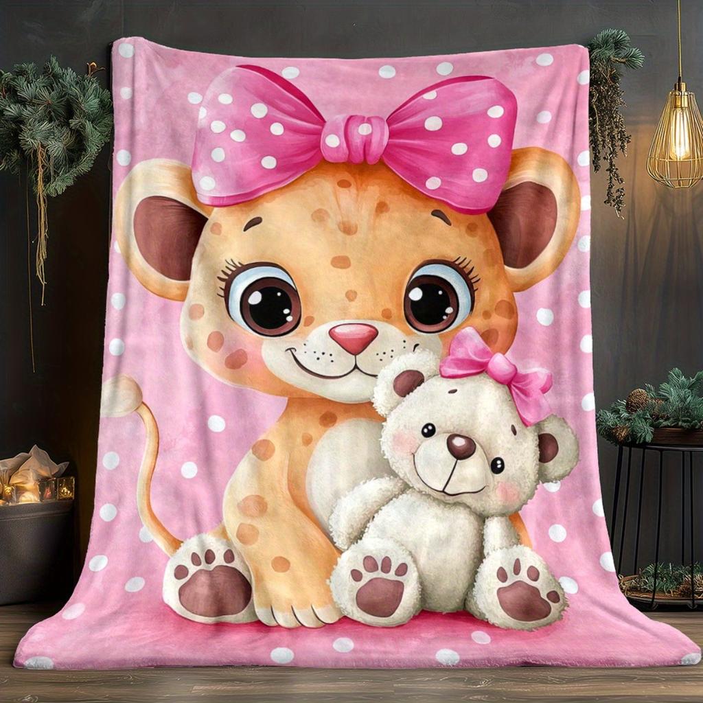 Cute Leopard Cub Flannel Blanket Pink Polka Dot Background Baby Animal Art Teddy Bear Hug Soft Fleece Throw Kids RoomDecorGirls