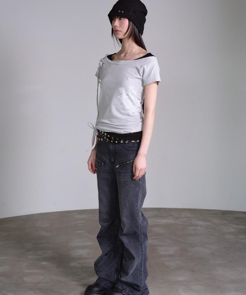 PRENDA Corset Detail One-Off-Shoulder Short Sleeve Gray
