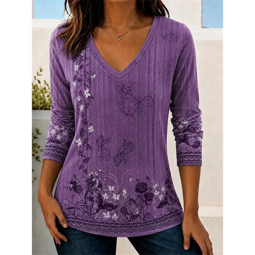 Elegant Women's Autumn Top V-Neck Vintage-Print Long-Sleeve T-Shirt Loose Comfortable and Stylish for Streetwear or Outdoor Wear
