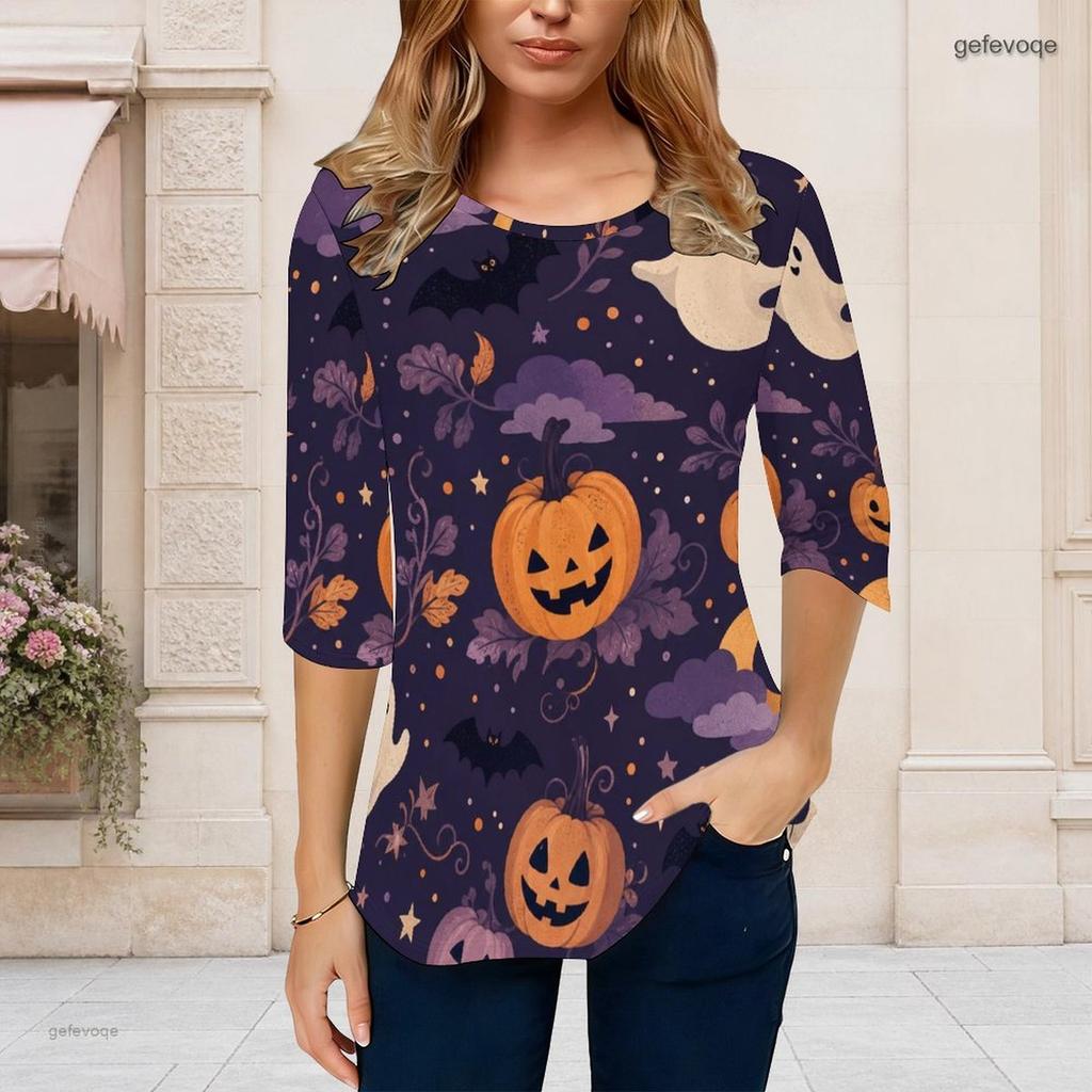 Women s Plus Size White Round Neck 3 4 Sleeve Halloween Ghost Pumpkin Printed Curved Hem T Shirt