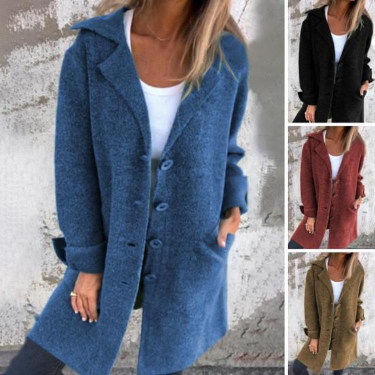 Women Woolen Coat Autumn Winter Loose Mid Length Overcoat Turn Down Collar Single Breasted Long Sleeves Solid Color Pockets Commuting Dating Jacket