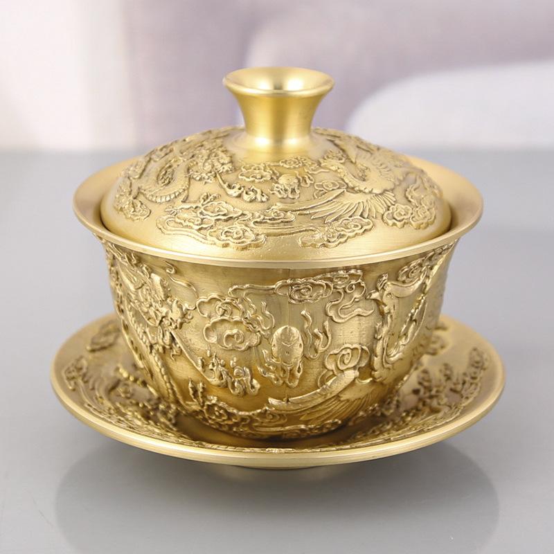 Brass teacup three-piece set, antique collection, copper decoration, dragon and phoenix Chengxiang tea bowl, tea cup living room desktop ornament