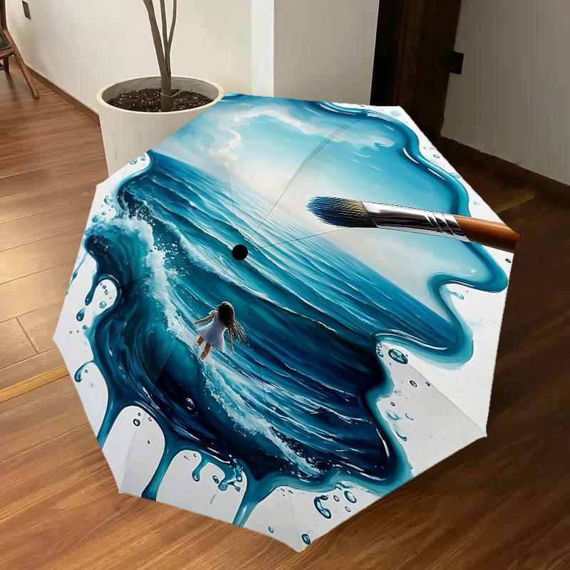 1pc Paintbrush Ocean Automatic Open/Close Umbrella Compact Folding Umbrella with 8-Rib Shaft for Women/Men, Portable Travel Umbrella,1202S