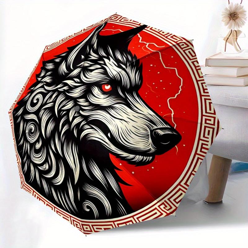 1pc Wolf Emblem Automatic Open/Close Umbrella Sturdy Iron Frame, Compact Travel Umbrella, Intricate Design Umbrella A0829078