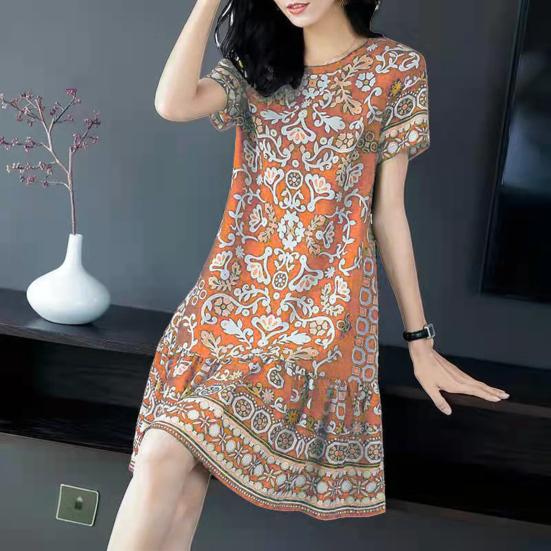 Sommerkleid für Damen, Rundhalsausschnitt, halbe Ärmel, Retro-Druck, A-Linie, großer Saum, knielang, locker, lässig, für den Alltag, Urlaub, Midikleid