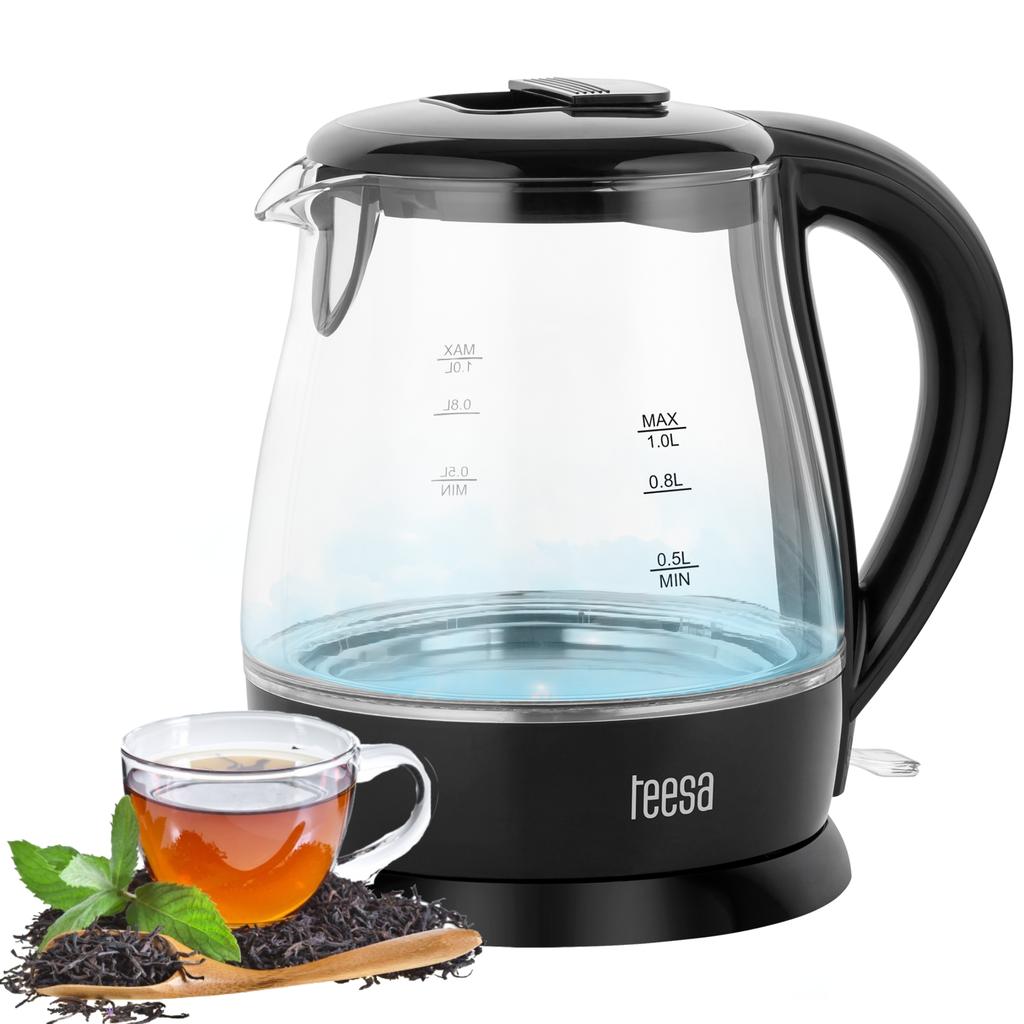 Cordless Electric Kettle, Glass, Black, 1630W, 1L, Teesa