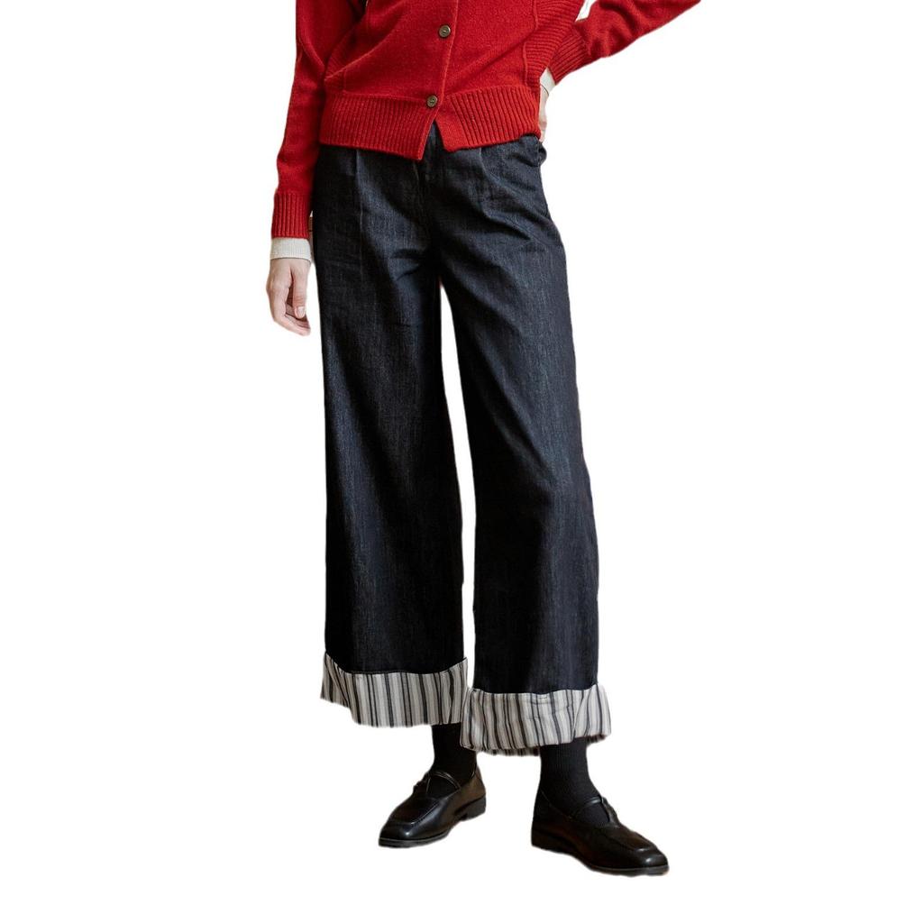 Women's Striped Patchwork Retro Wide-Leg Jeans: Slimming, Elastic Waist, Straight-Leg Pants for Spring