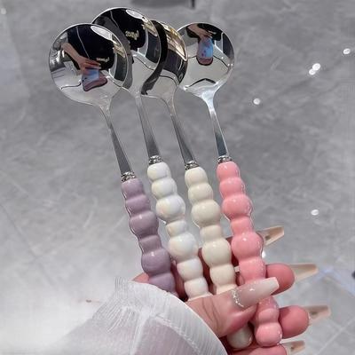 Pearl Stainless Steel Spoon, Plastic Handle Spoon, Girlish Heart, Household Eating Spoon, Long Handle Round Spoon, Small Soup Spoon