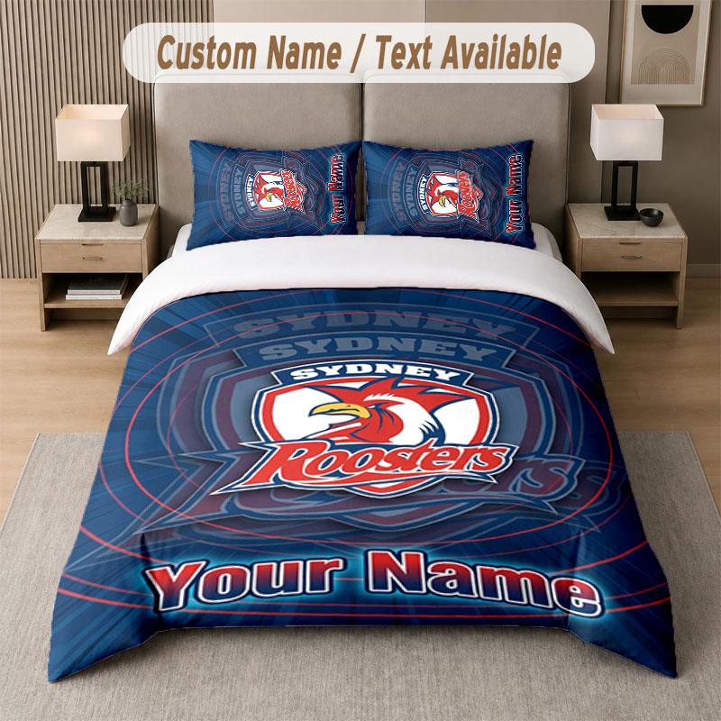 Custom Bedding Set Sydney Roosters Pattern, Print Name Text 1 Duvet Cover Plus 2 Pillowcases Home Textile