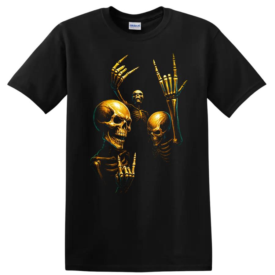 Skull Skeleton T Shirt w/ Gold Gothic Bones Horror Halloween Graphic Art Tee