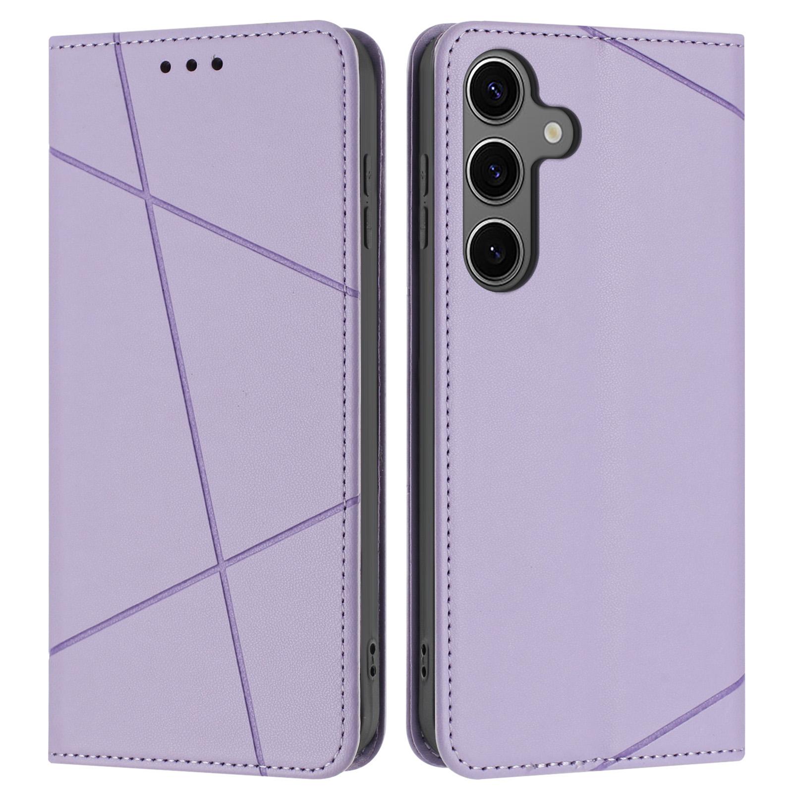 

For Samsung Galaxy S25 FE Wallet Case Line Imprinted Leather Stand Phone Cover with Wrist Strap Purple