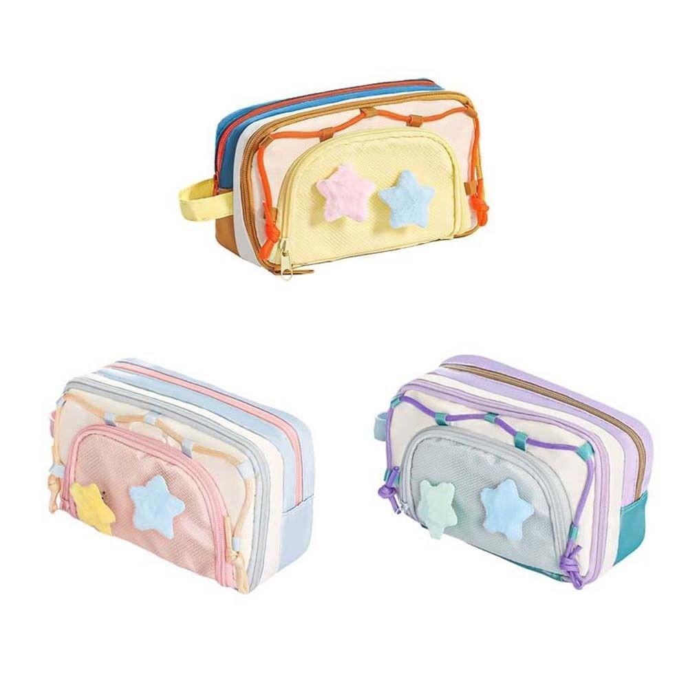 Multiple layers Pencil Cases with 2 Plush Stars Students School Supplies Large Capacity Pen Bag