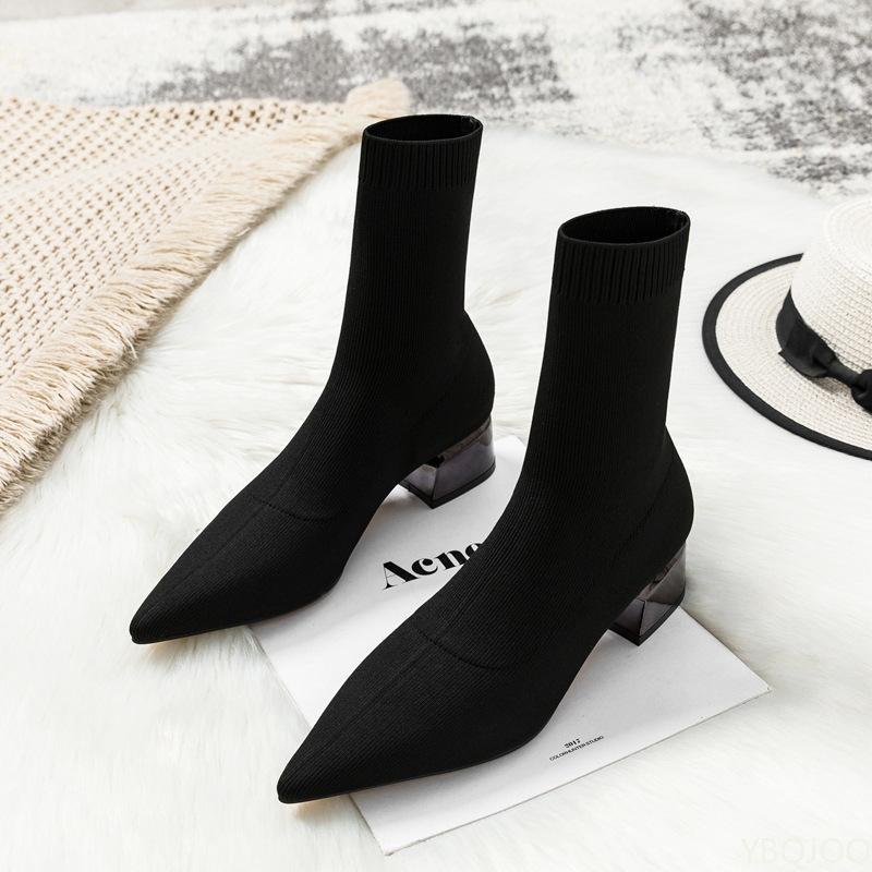 Autumn And Winter Fashion Black Pointed Breathable Coarse Heel Women'S Boots For Height Increase And Slimming Short Leg Boots
