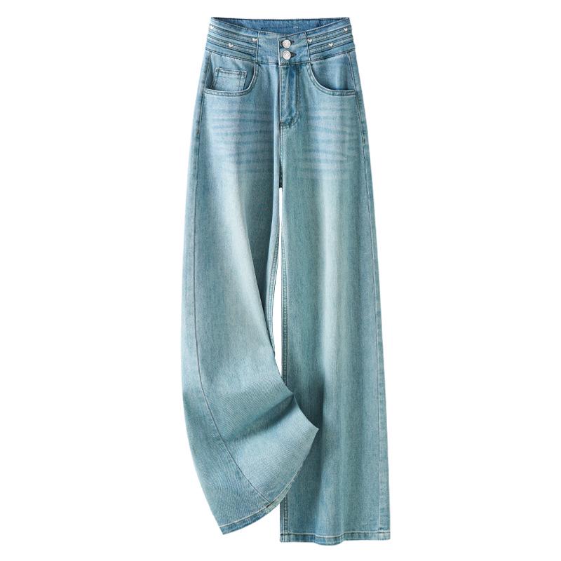 

Женские джинсы из денима светло-голубого цвета на весну 2025 года с высокой посадкой, свободного кроя, с широкими штанинами XL синий