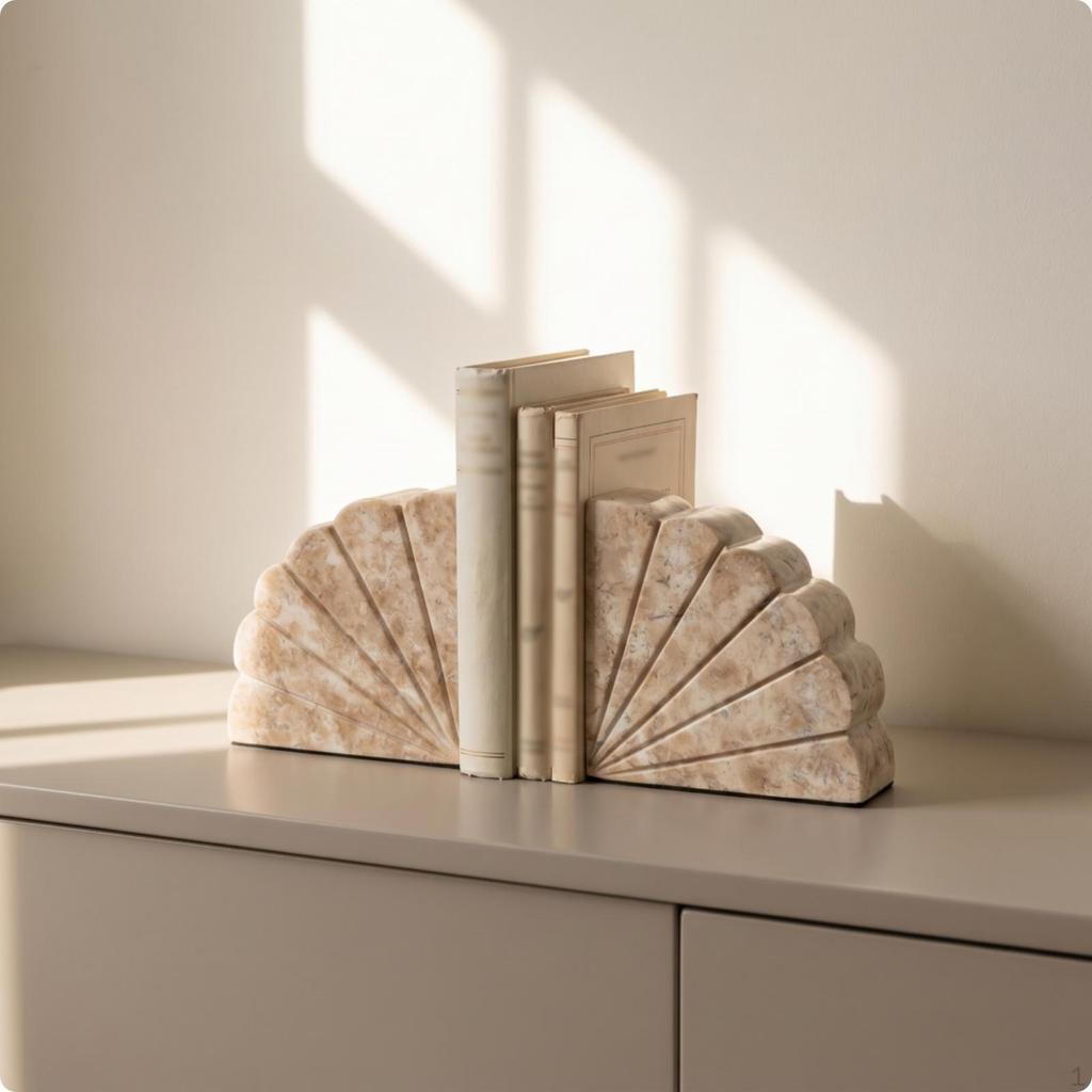 Shell Bookend Fan Shaped Resin Carved Decorative Bookends for Book Lovers, Collectors,