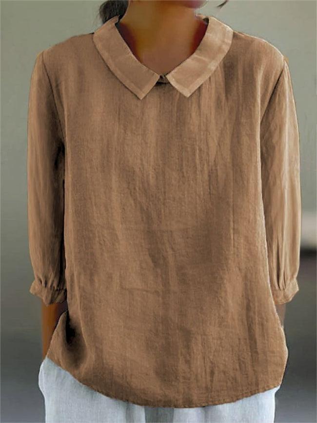 Women's Peter Pan Collar Cotton Blouse 3/4 Sleeve Loose Casual Pullover Shirt Summer Solid Textured Tunic Top
