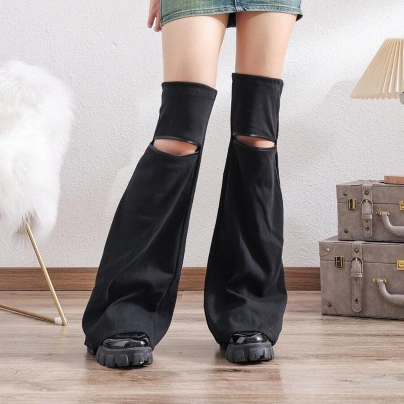 Women Punk Hollowed Out Thgh High Flared Leg Warmers Over Knee Long Socks Solid Color Leg Covers Stockings Streetwear
