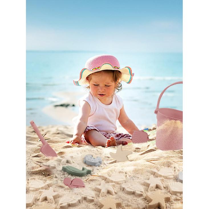 9Pcs Silicone Beach Toys for Baby Girls with Portable Beach Bag - Toddler Beach Set with Sand Toy Molds Shovel Bucket Set, Sand Toys Sandbox Toys for
