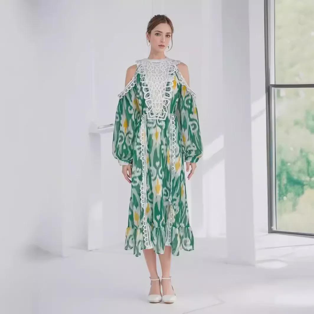 

2024 Spring Round Neck Lantern Sleeve Lace Print Long Dress Extra Large