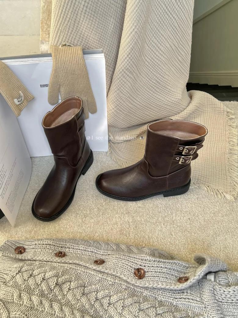 

THEMANDAGO Belt Buckle Short Cycling Boots Women s 2025 Winter New Round Head Low Heel Boots Sleeve Martin Boots 39