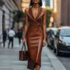 Robe Mi-longue Sans Manches en Similicuir avec Col à Revers et Taille Ceinturée pour Femme Tenue de Bureau Fête Style Élégant