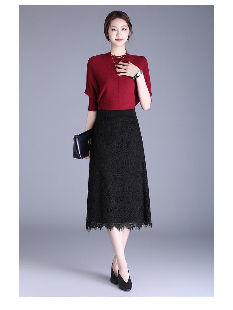 2026 Spring/Summer Black Lace Korean Style Slim Midi A-line Skirt