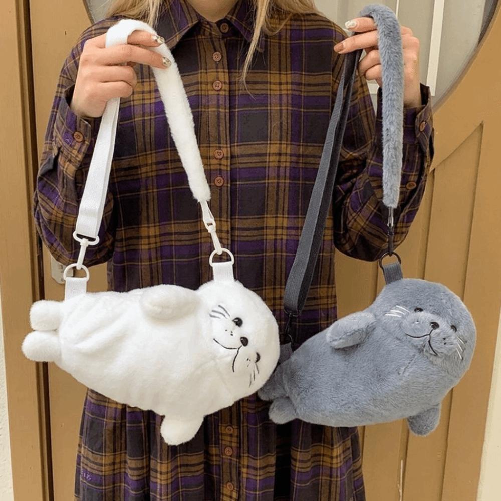 Soft Fluffy Cute Seal Shoulder Bag Cartoon Adjustable Straps Crossbody Bag Fabric Lightweight Phone Bag Women's Accessories