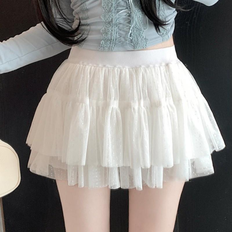 Ballet Style Sweet Fairy Tulle Mini Skirt Women 2026 Summer High Waist Polka Dot Ruffle A Line Cake Skirt for Daily Casual