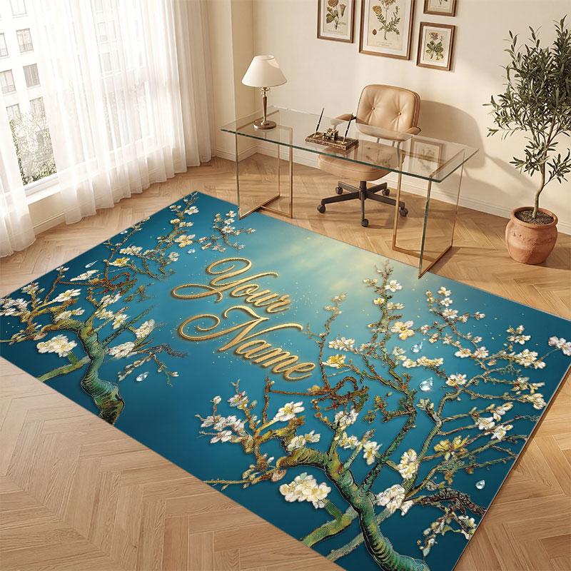 Floral Garden Theme Crystal Velvet Floor Rug Personalized Custom Name Text Warm Carpet Home Decoration