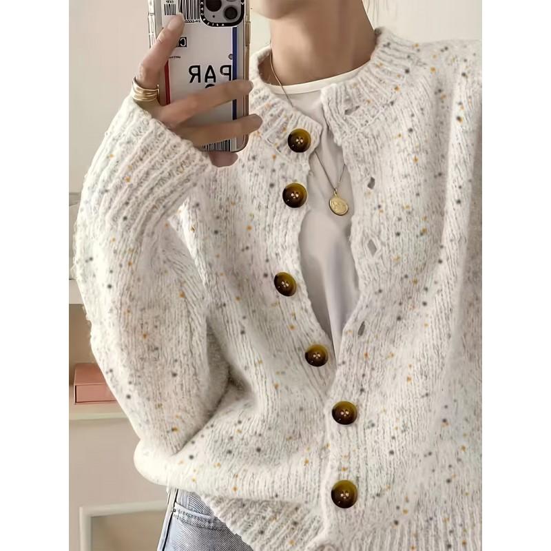 Womens Knit Cardigan Sweater Short Loose Fit Round Neck Single Button Front Fall Winter Casual Wear
